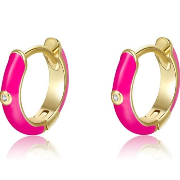 Little Dark Pink Gold Hinged Hoops Enamel Hoop Earrings Rhinestone Crystal New - Picture 1 of 5